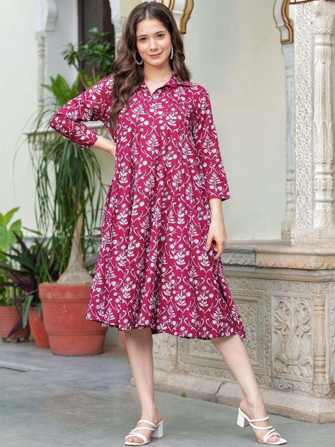 Demirner Stylish Floral Printed Flared Dress