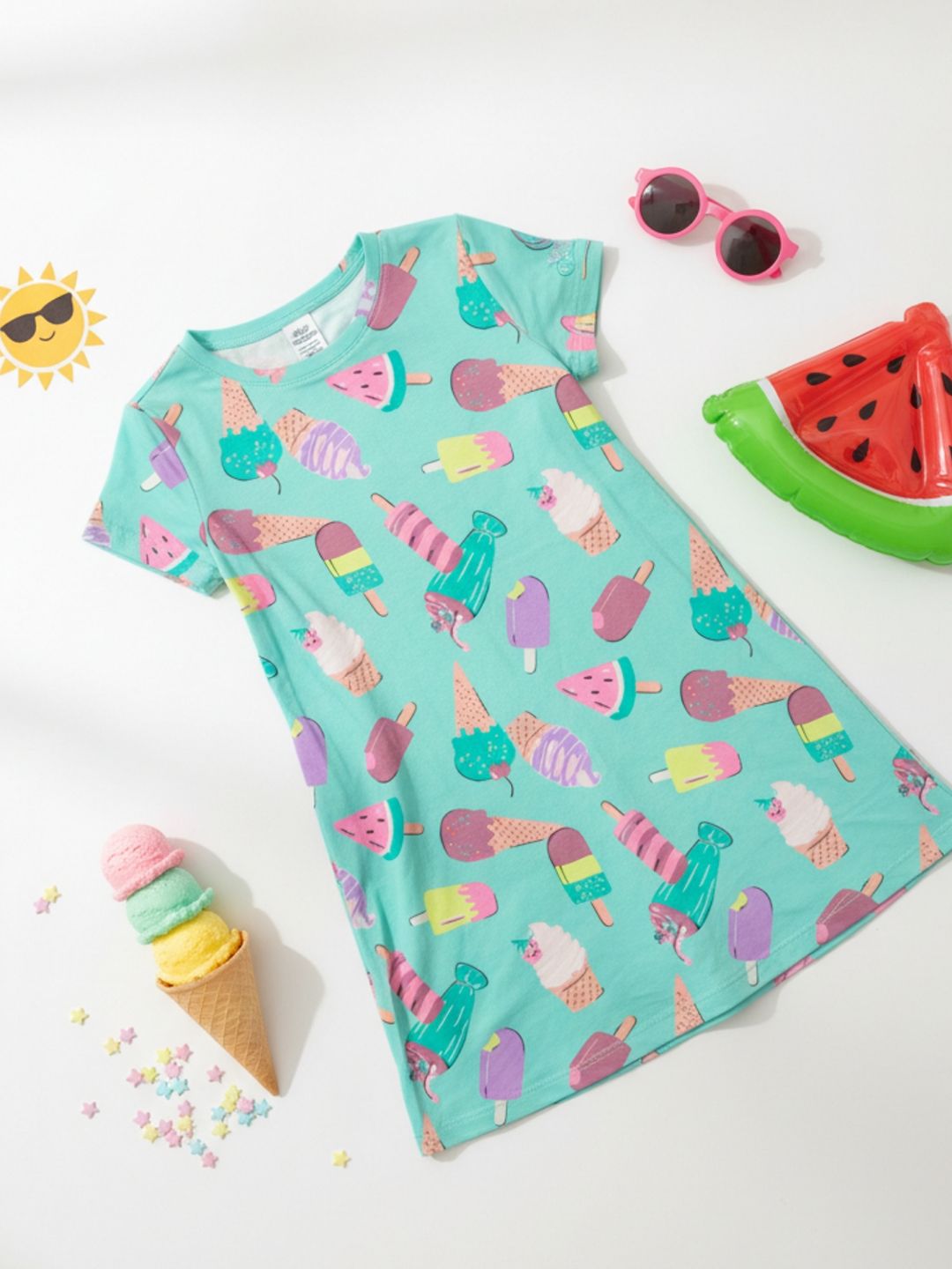 Kids Girls Summer Ice Cream Night Dress Cotton Aqua 7