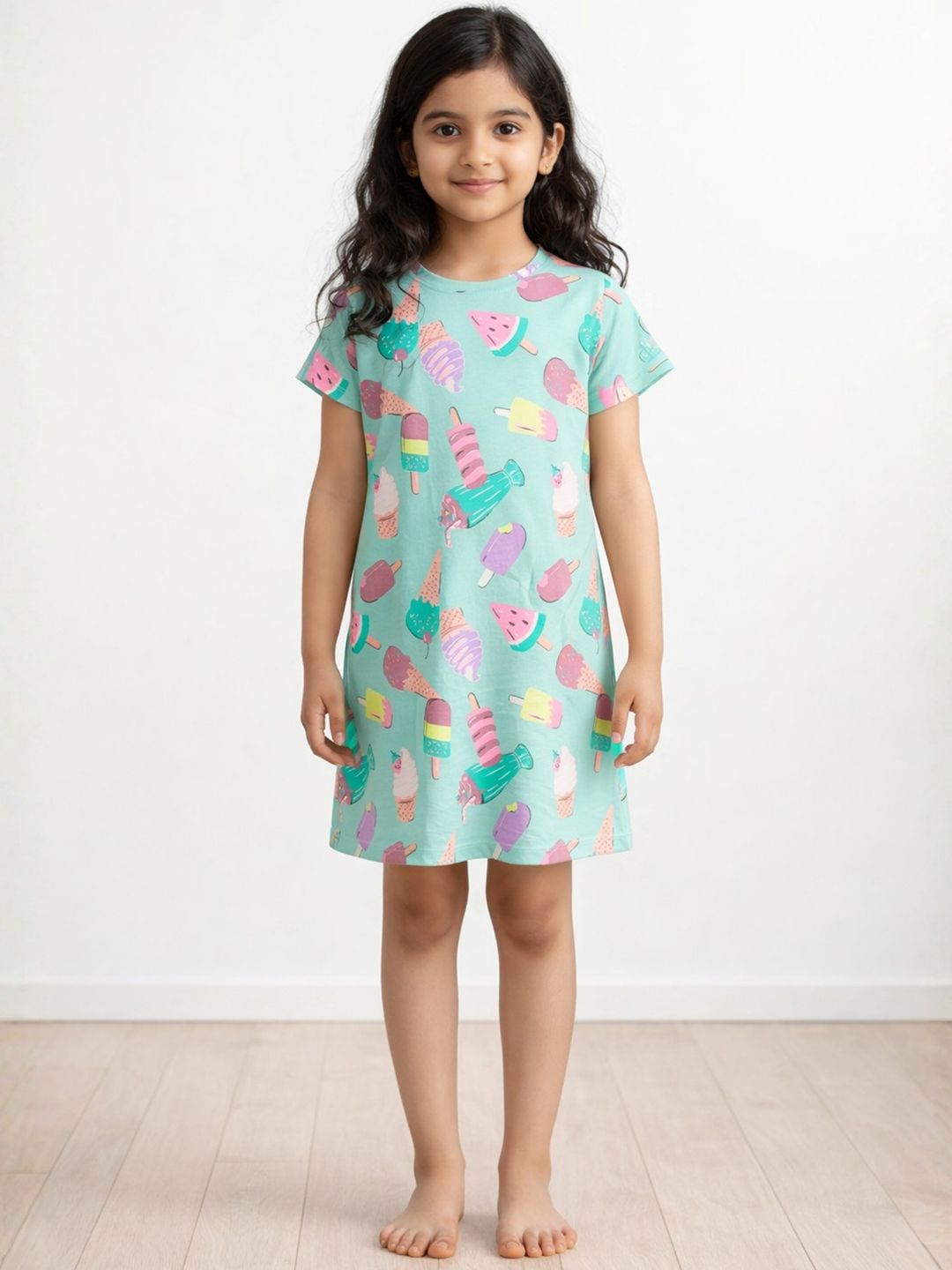 Kids Girls Summer Ice Cream Night Dress Cotton Aqua