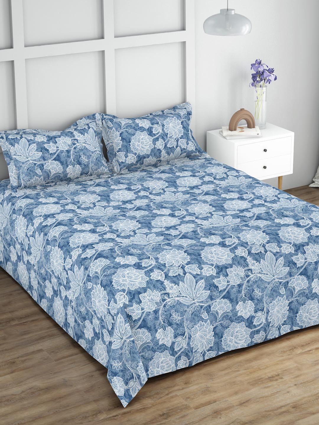 Buy Himeya Blue Floral 144 TC King Bedsheet With 2 Pillow Covers 108 X 108 Inches -  - Home for Unisex
