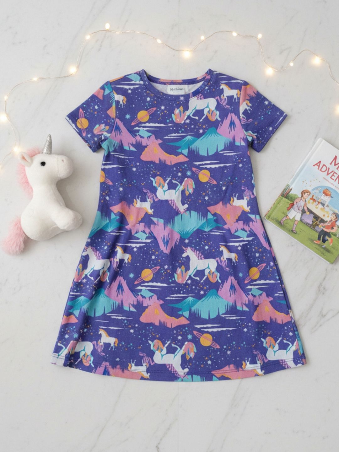 Kids Girls Summer Night Dress Cotton Purple Unicorn Planet 7