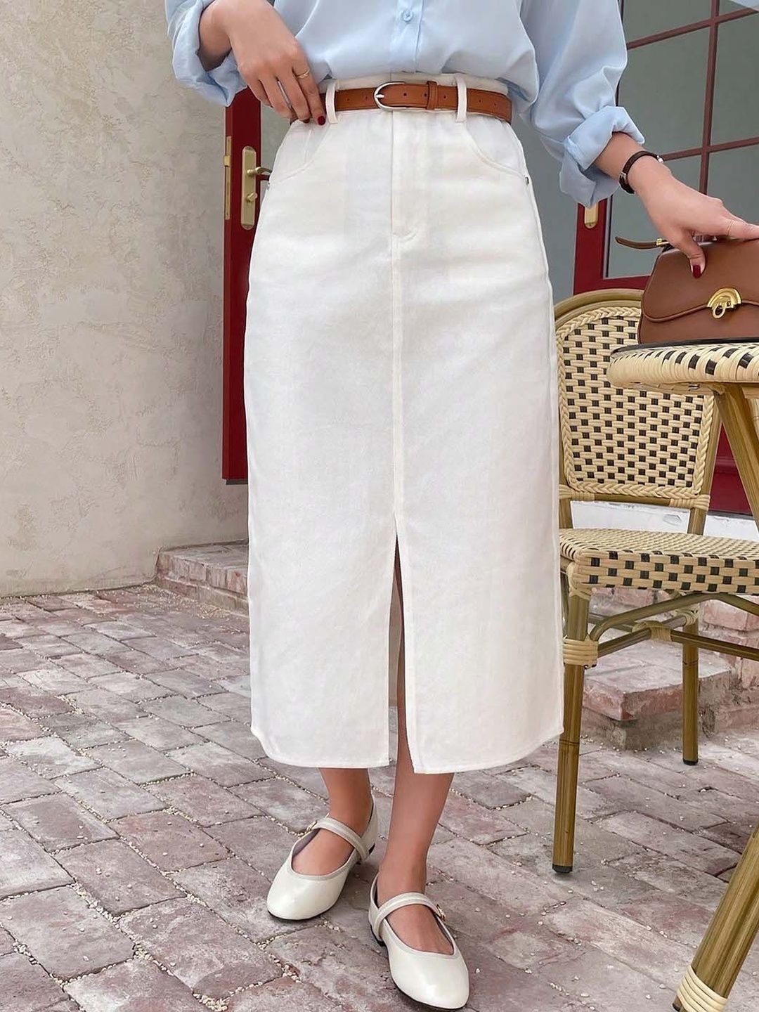 SZN Women White Denim Midi Skirt