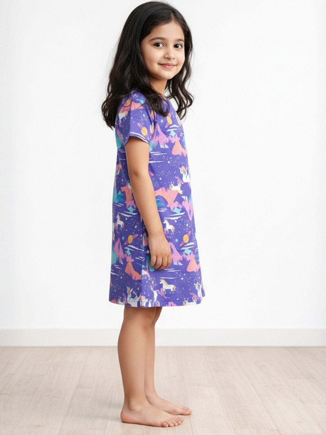 Kids Girls Summer Night Dress Cotton Purple Unicorn Planet 3