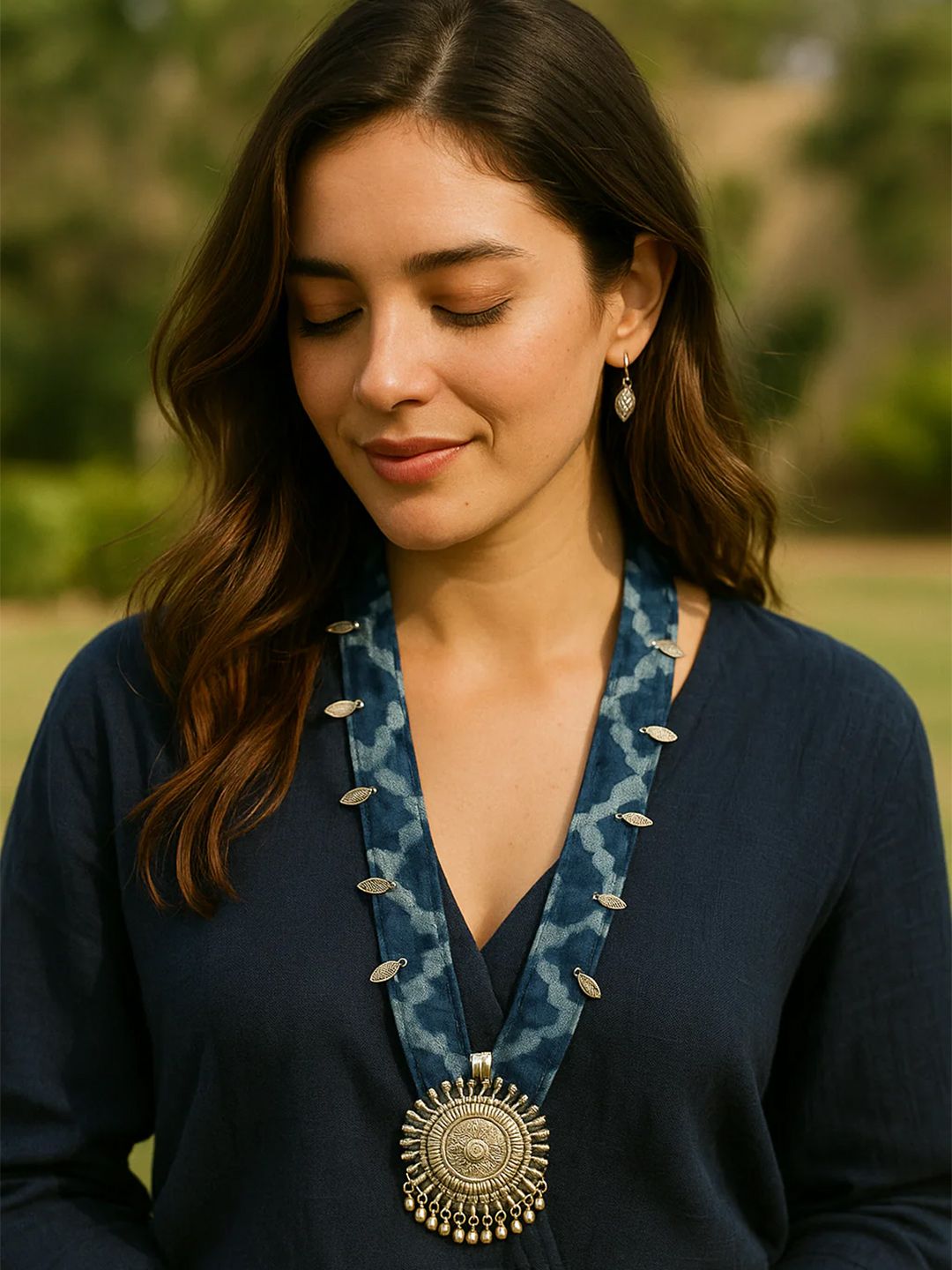 A Local Tribe Block Printed Fabric & Oxidised Metal Jewellery Set