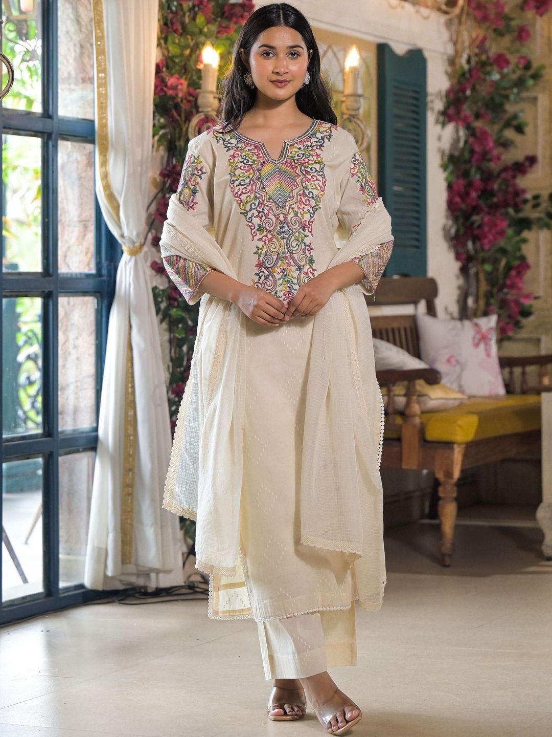 Aavanya Women Ethnic Motifs Embroidered Regular Thread Work Pure Cotton Kurta with Trousers & With Dupatta