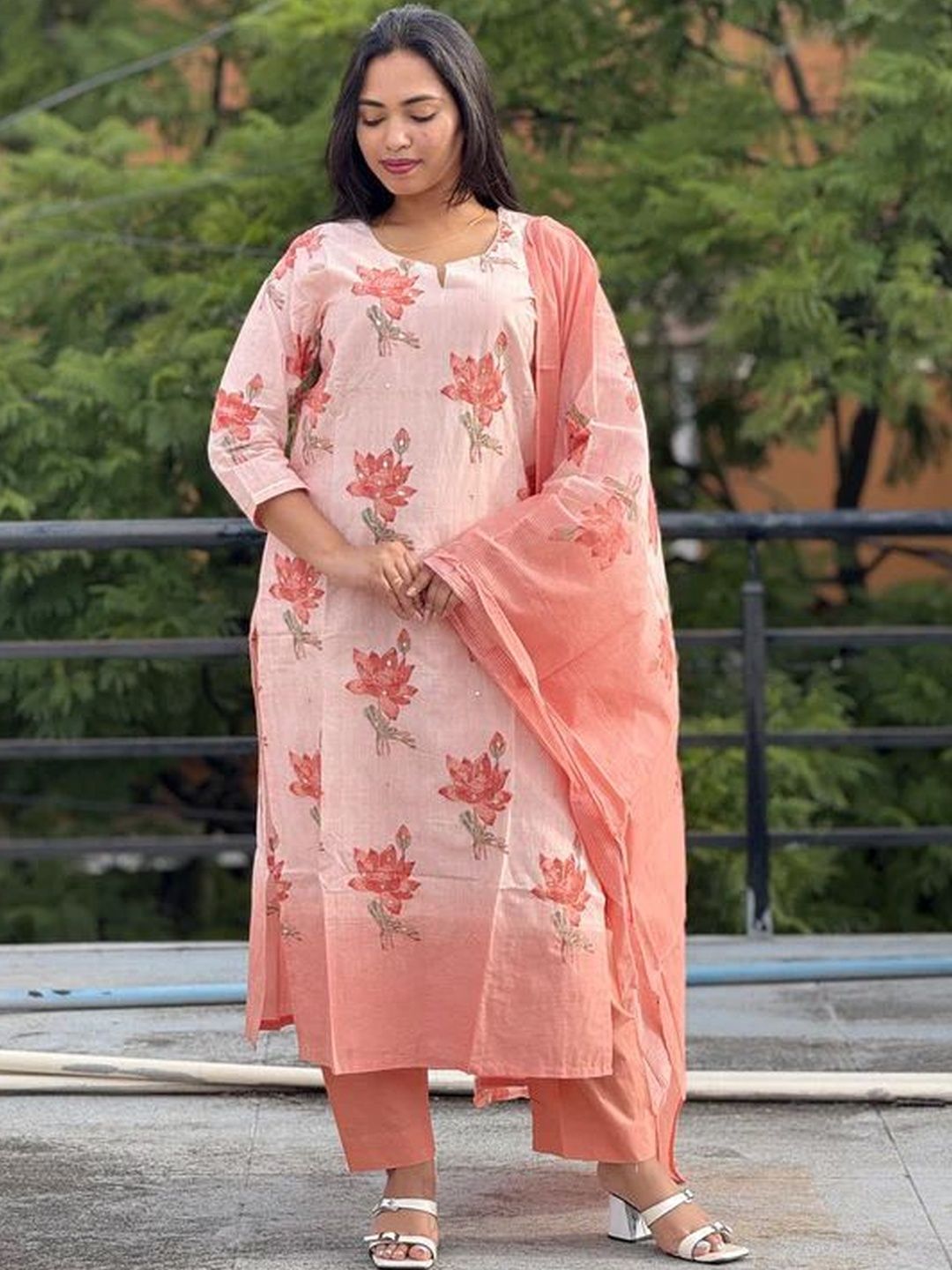 MYRIE Floral Printed Notch Neck Straight Kurta With Trouser And Dupatta