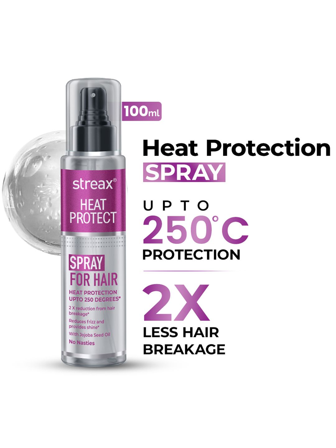 Streax Heat Protect Hair Spray - Protection upto 250C & 2X Less Hair Breakage - 100ml