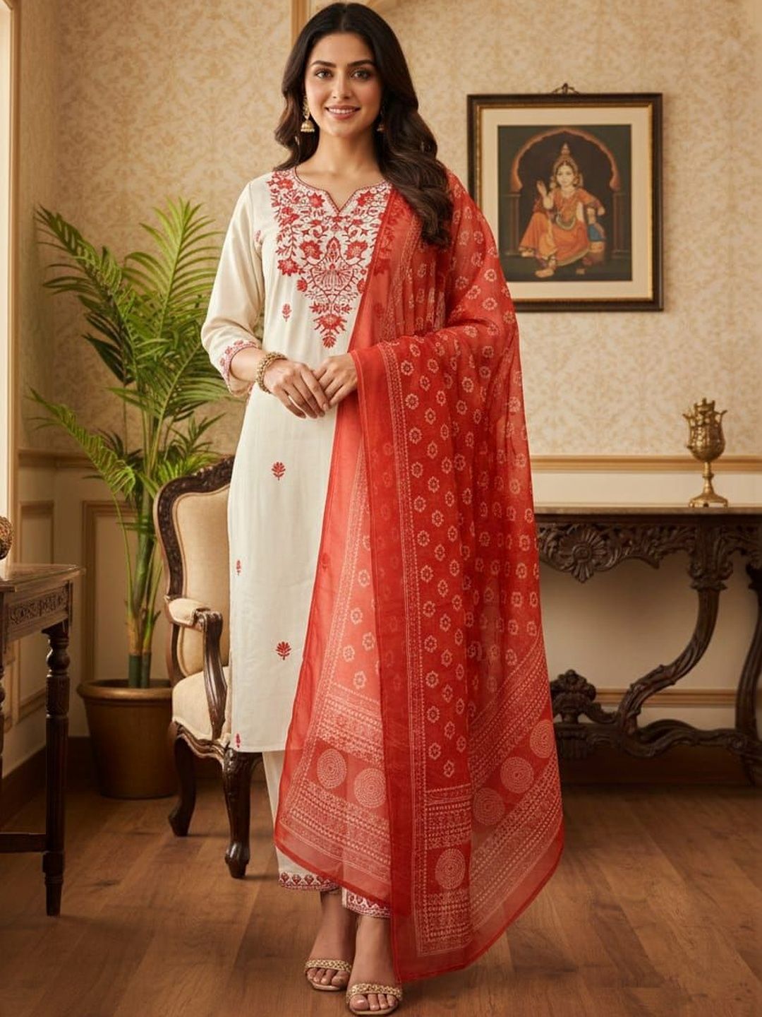 TIBAKKDI Women Embroidered Regular Sequinned Pure Cotton Kurti with Trousers & With Dupatta