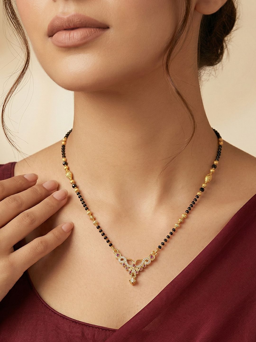 MEIRA JEWELLERY Classic Ad Stone Gold Plated Mangalsutra