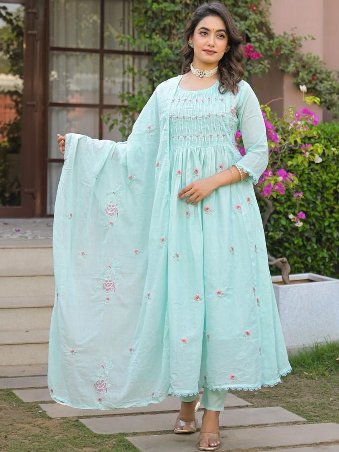 House of Pataudi Embroidered Pure Cotton Round Neck Kurta & Trousers With Dupatta