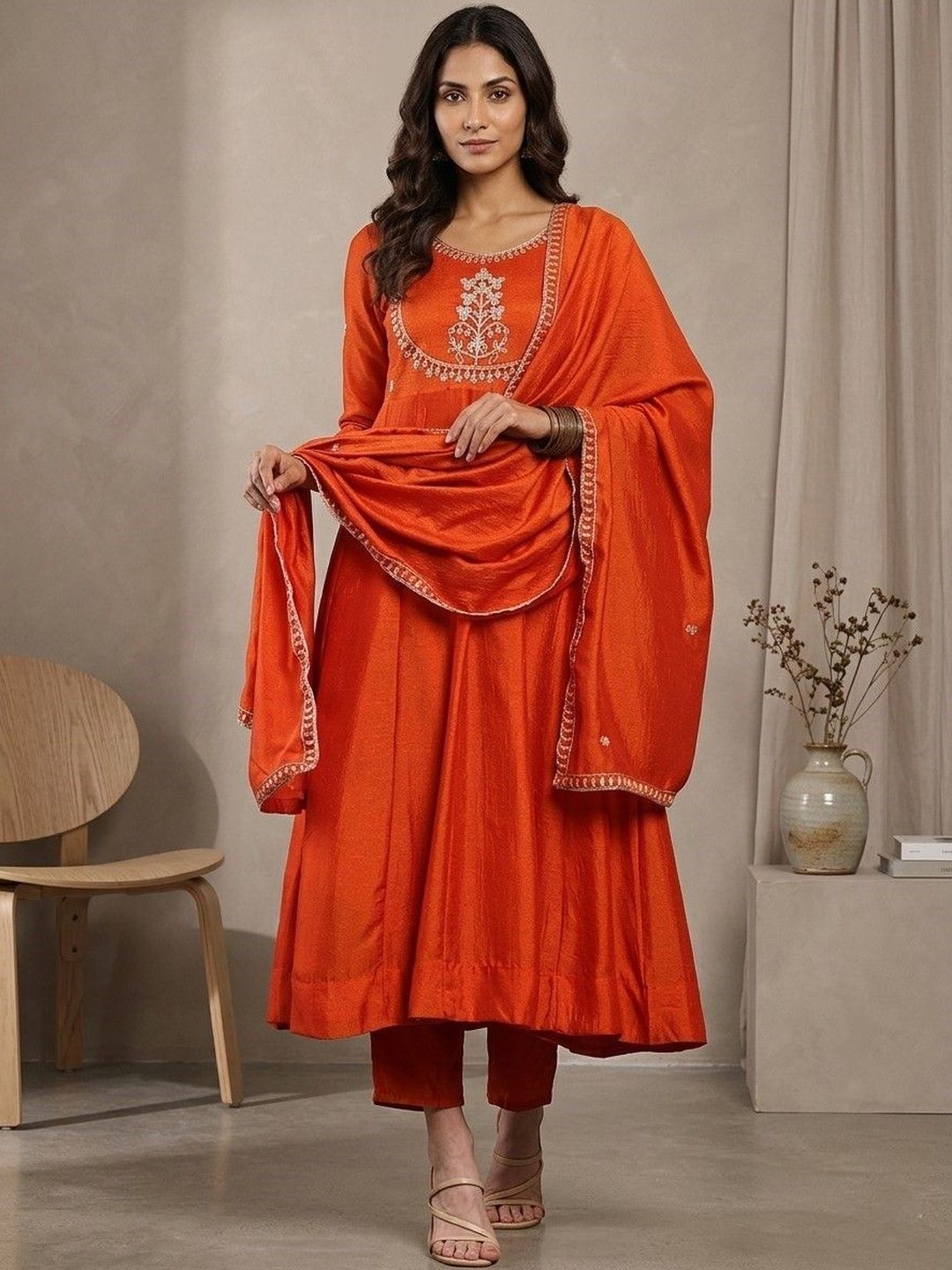 House of Pataudi Embroidered Round Neck Kurta & Trousers With Dupatta