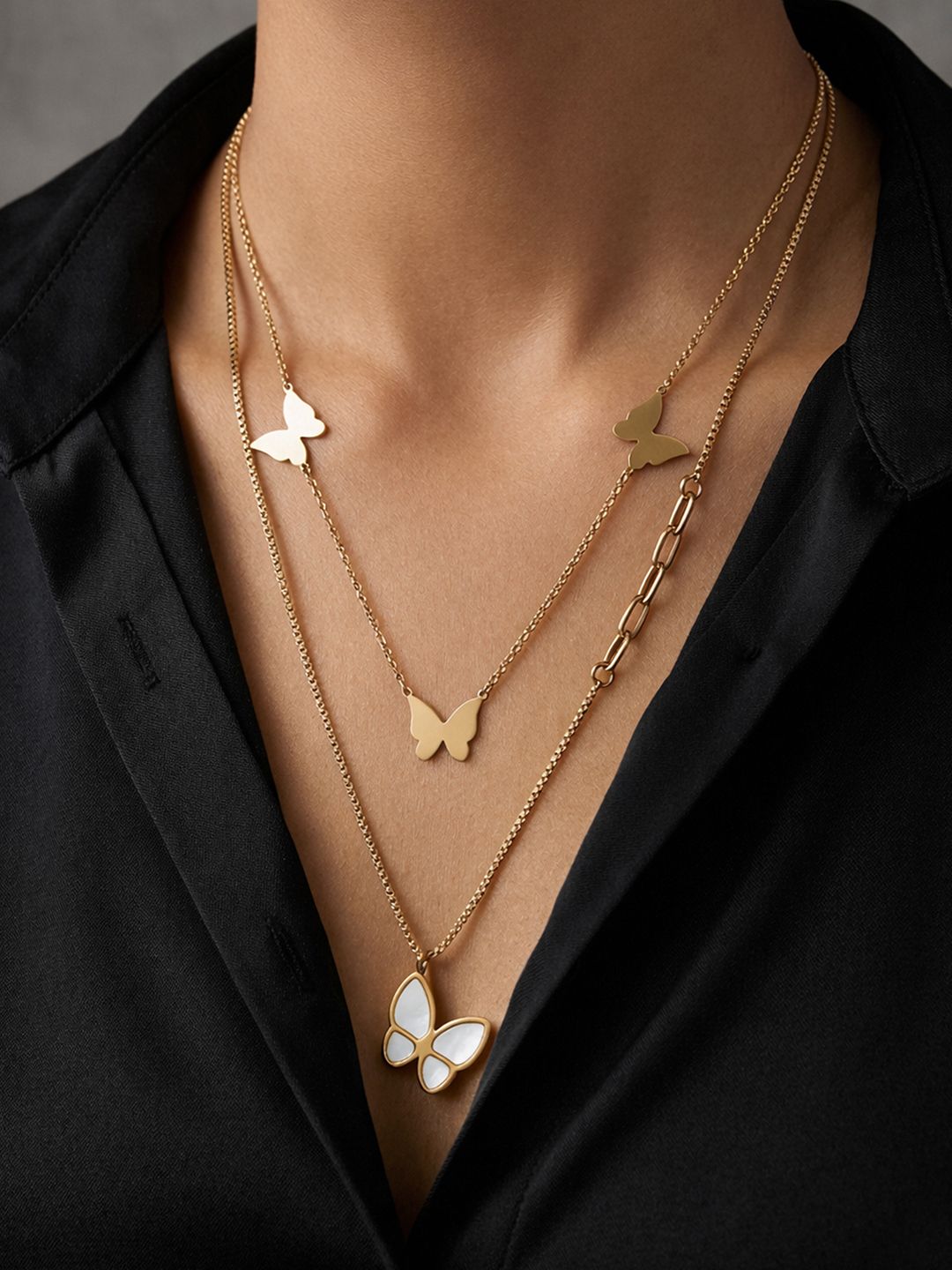 ARTKLIM Stainless Steel Gold-Plated Double Layered Butterfly Charms Pendant Necklace