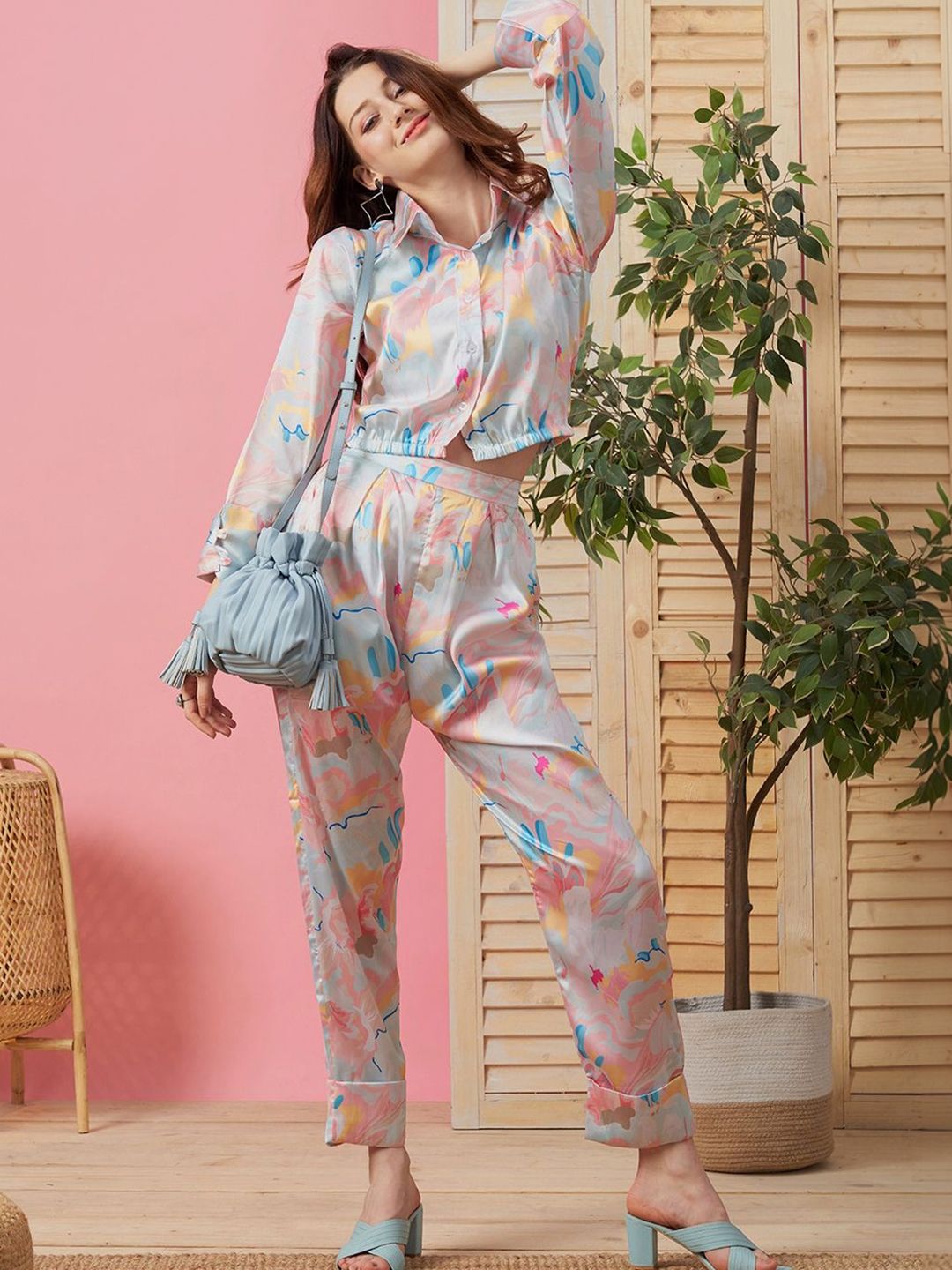 MYRIE Abstract Printed Shirt Collar Tunic With Palazzos