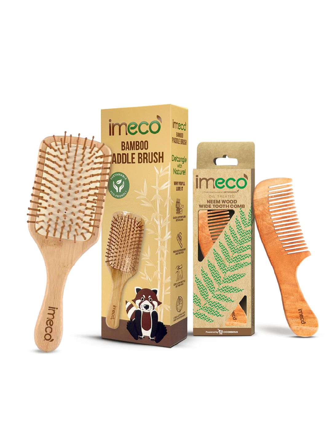 IMECO Set Of 2 Wide Tooth Neem Wood Comb & Bamboo Hair Brush Combo