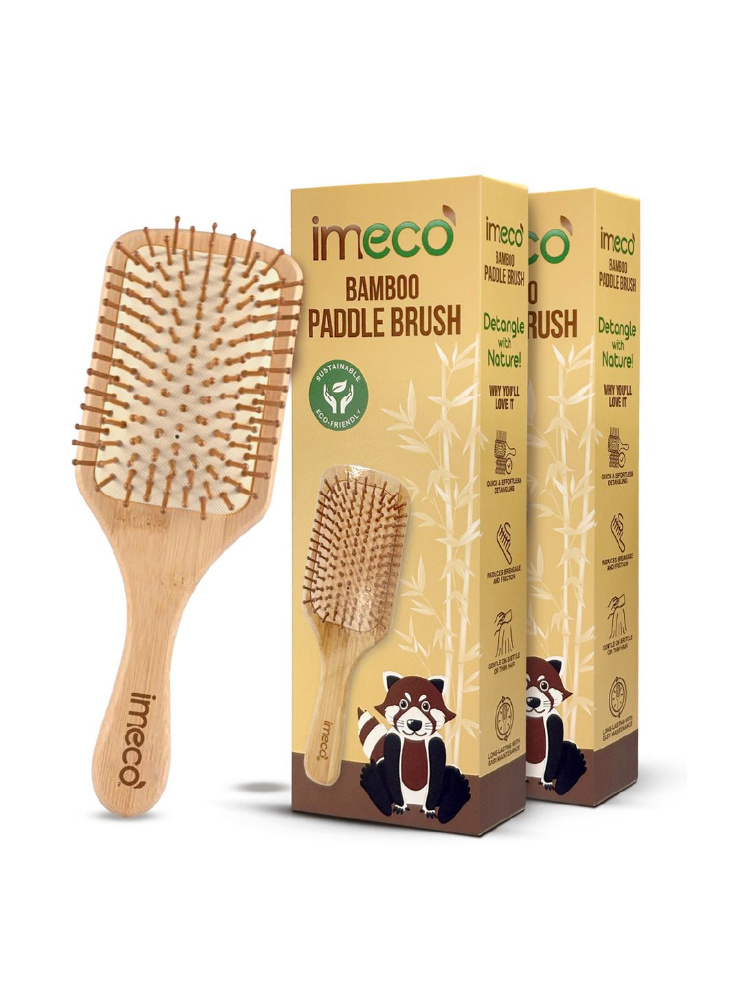 IMECO Set Of 2 Bamboo Paddle Rectangle Hair Brush