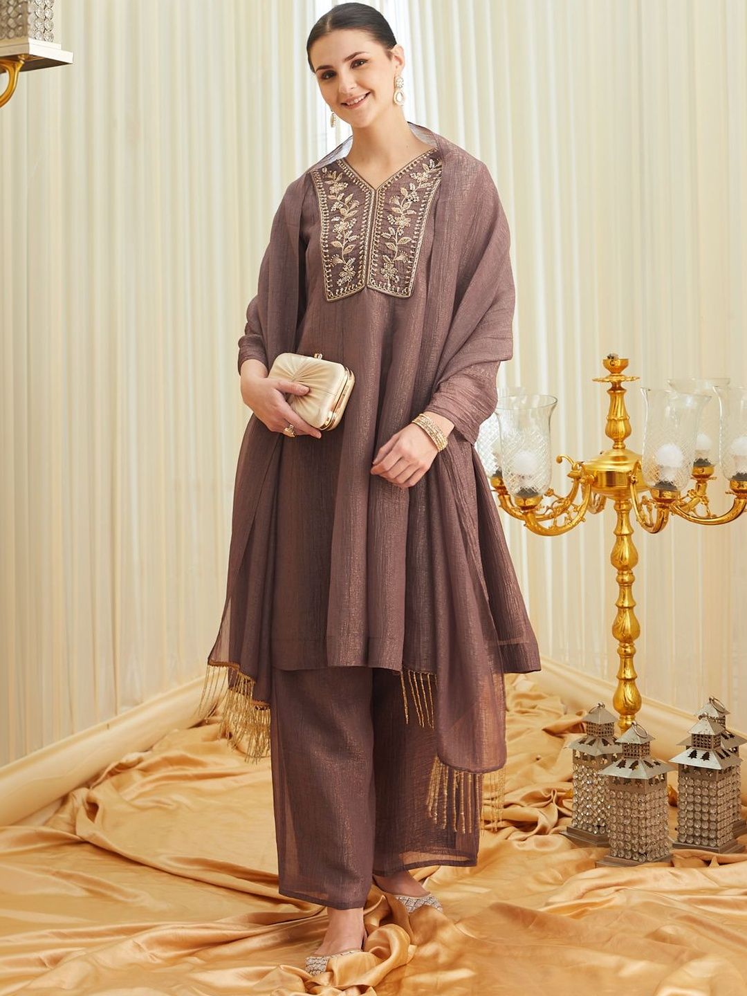 Colors of Earth Silk Embroidered Beadswork Anarkali Kurta And Palazzo With Dupatta Set