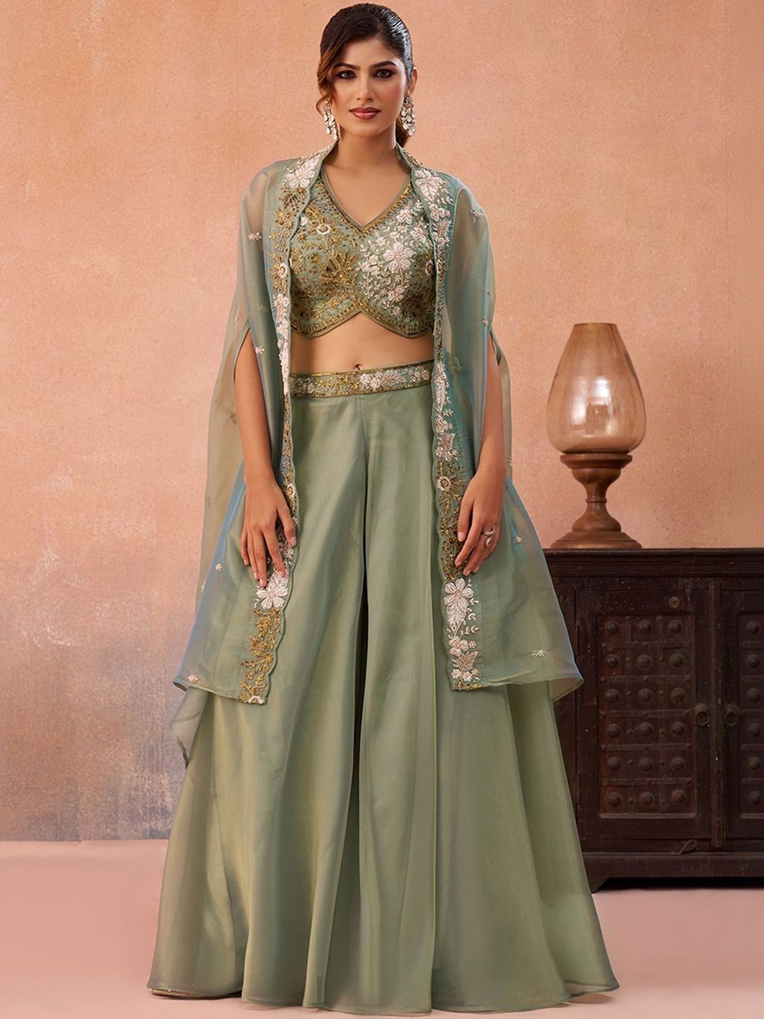 panchhi Green Floral Organza Self Design Top with Palazzos & Shrug Flared Co-Ord Set