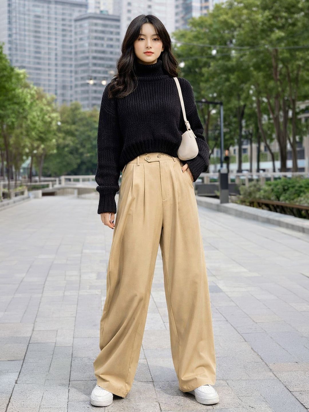 CURVE BY KOTTY Women Relaxed Straight Leg Fit High-Rise Easy Wash Pleated Trousers