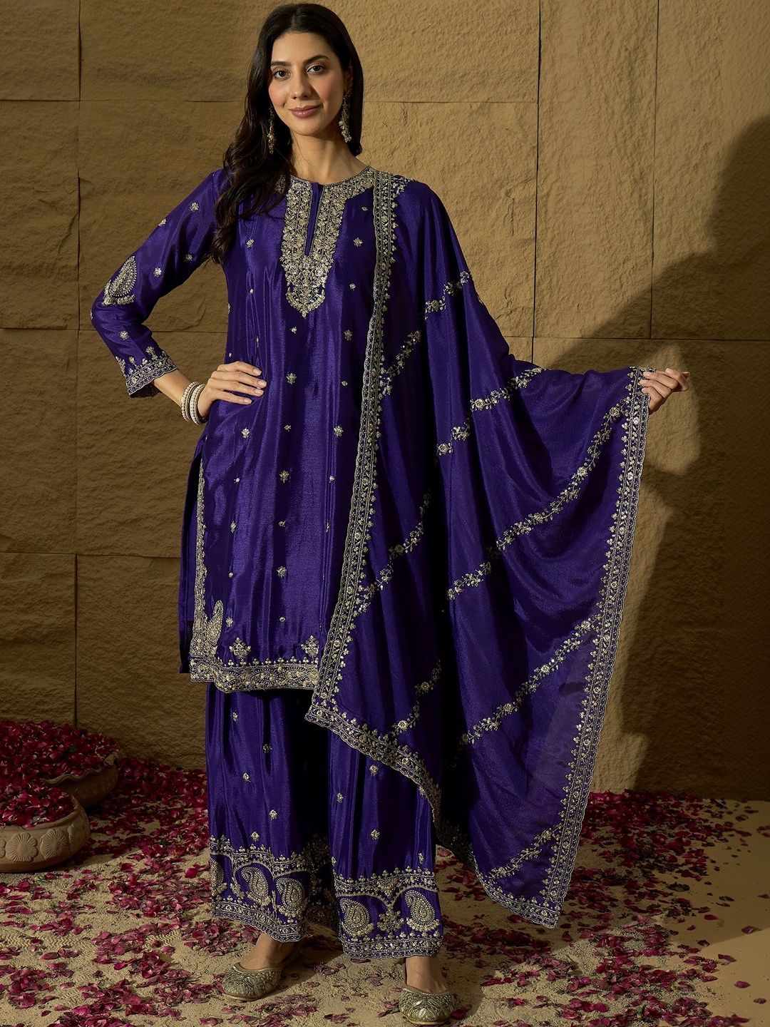 House of Pataudi Embroidered V-Neck Chinon Kurta & Sharara With Dupatta