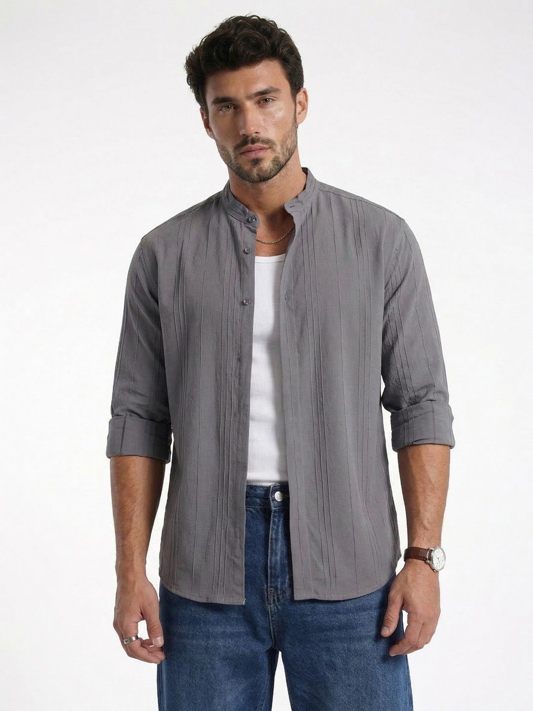 glitchez Striped Band Collar Relaxed Fit Casual Shirt