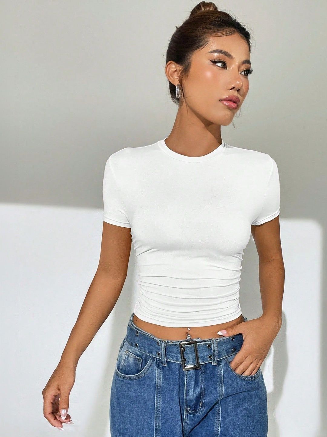 Solid Short Sleeve Round Neck Tank Crop Top