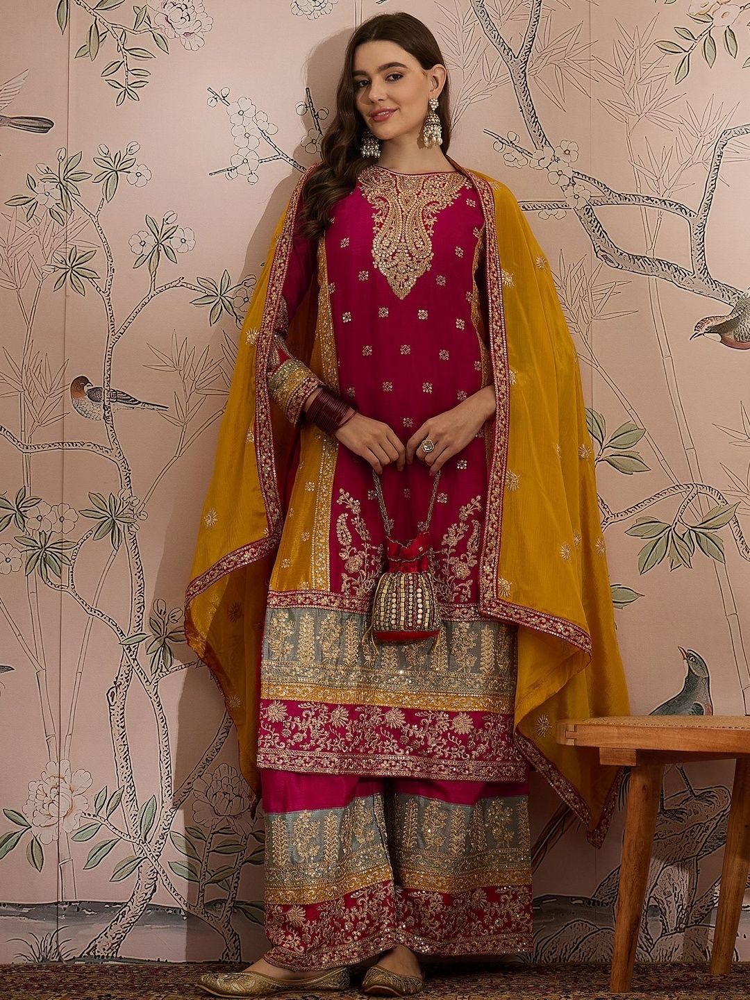 House of Pataudi Embroidered Round Neck Chinon Kurta & Palazzos With Dupatta