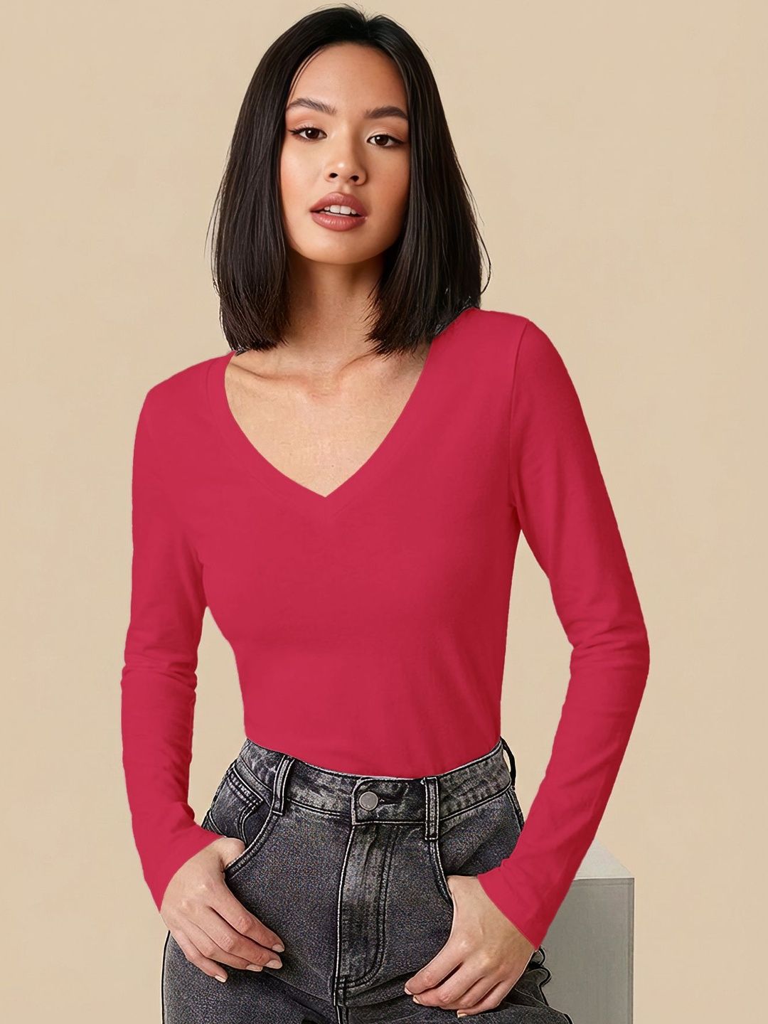 MULVARI V-neck Full Sleeves Fitted Top