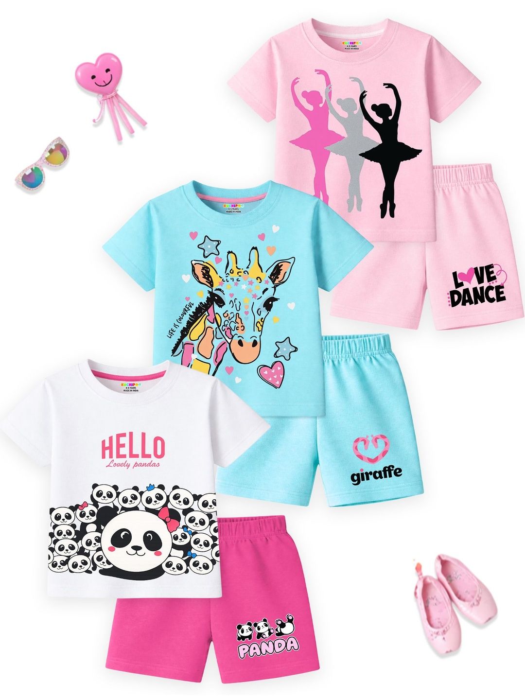 KUCHIPOO Girls Set Of 3 Printed Round Neck T-shirt With Shorts