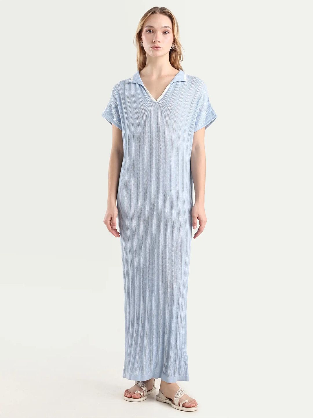 RAREISM Women Blue Bodycon Fit Extended Sleeve Johnny Collar Dress