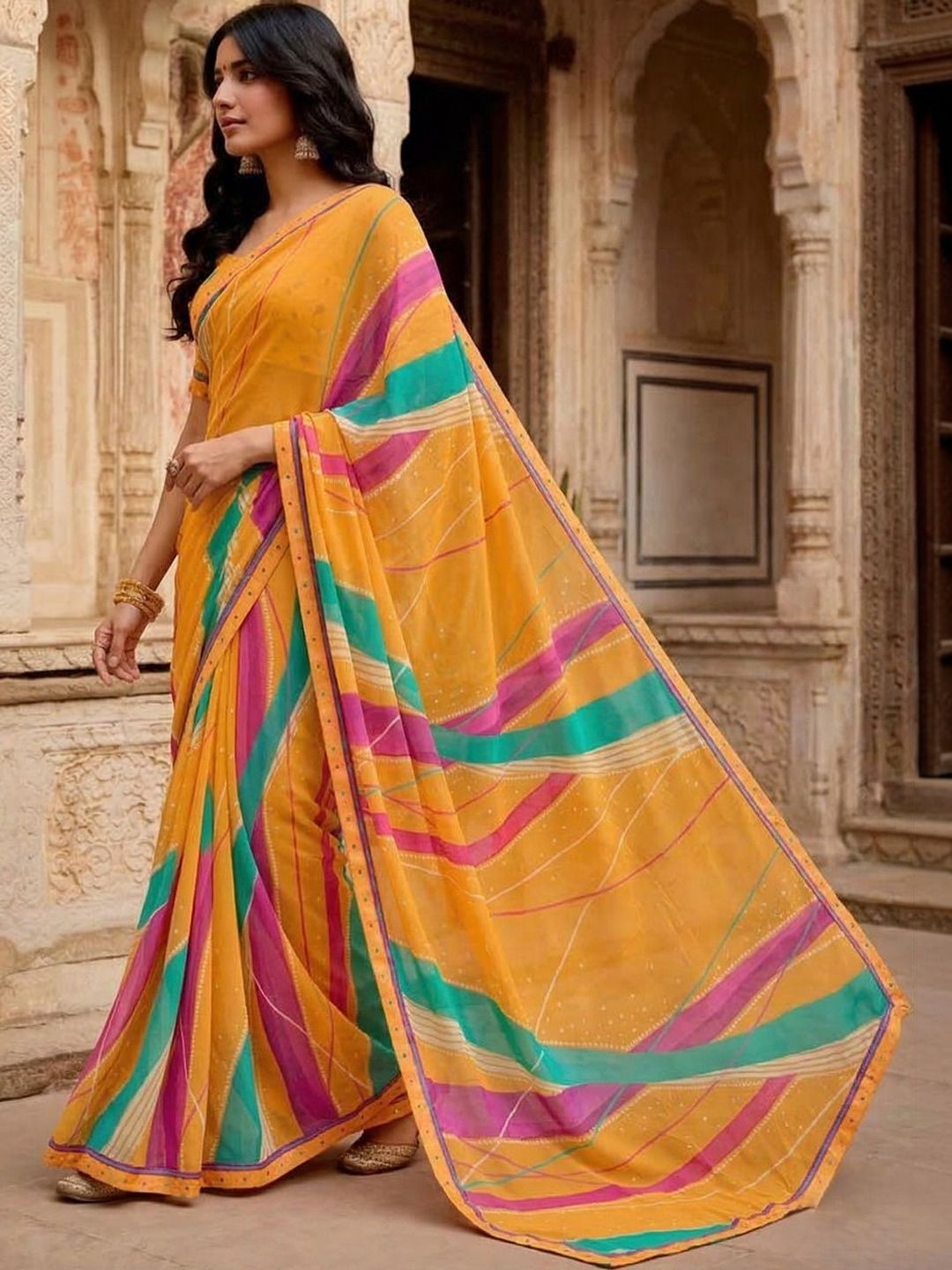 Vishal Prints Sunshade Orange Printed Georgette Fancy Border Sarees