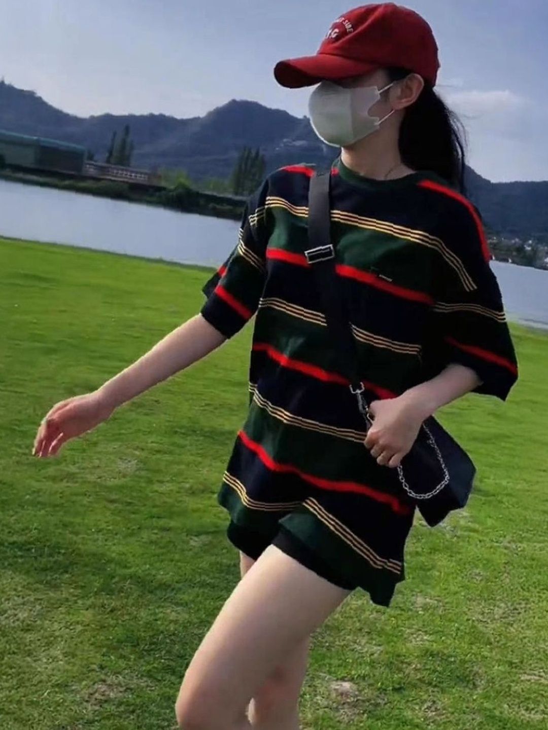 StyleCast Black Round Neck Short Sleeves Striped Polyester Tshirts