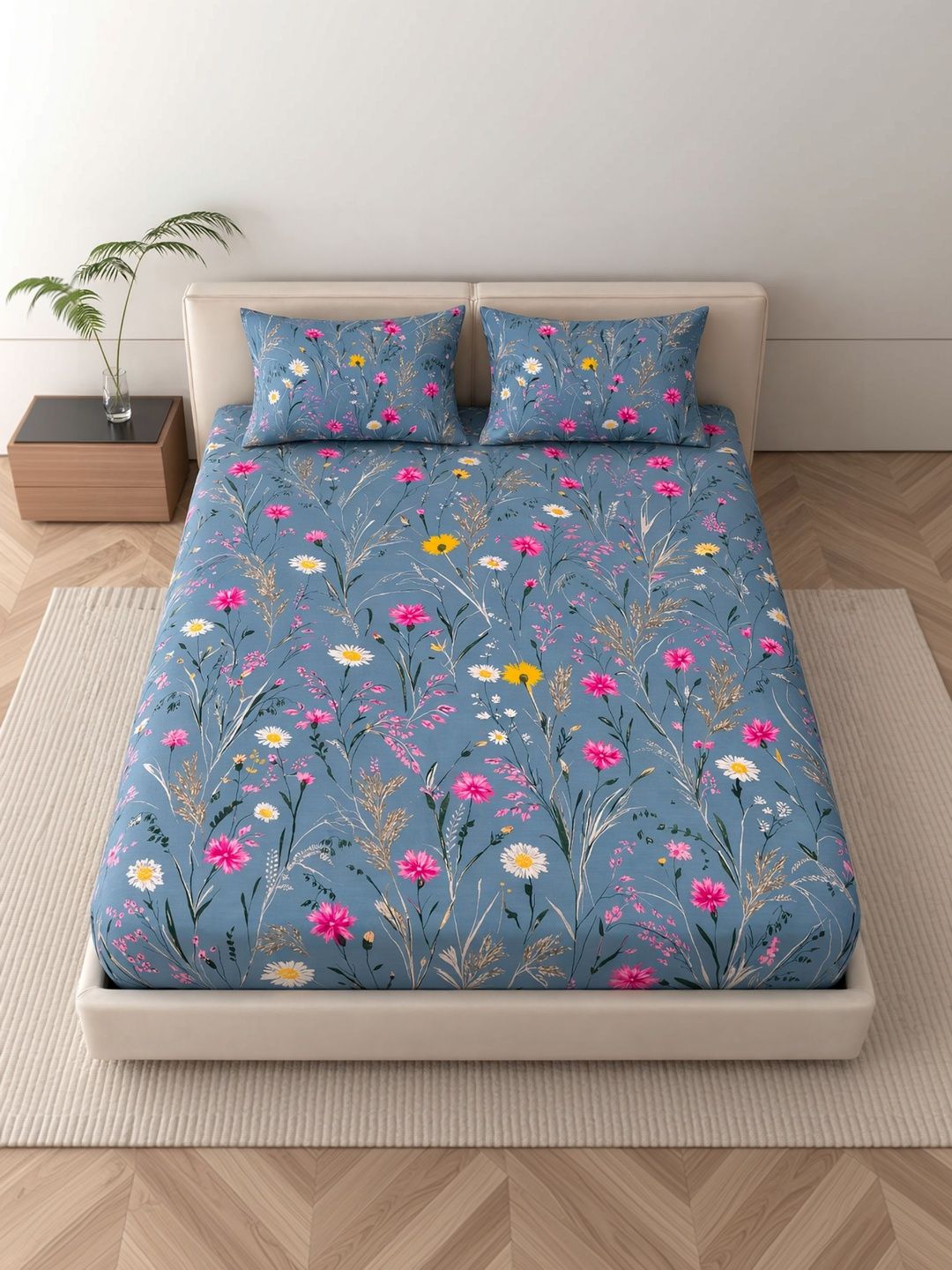 Buy MAFATLAL Blue 140 TC Bedsheet With 2 Pillow Covers -  - Home for Unisex