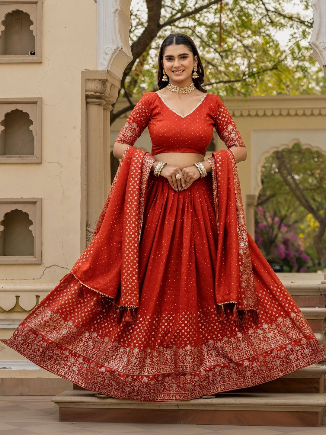 GULDORI Beads & Stones Embroidered Semi-Stitched Lehenga & Unstitched Blouse With Dupatta