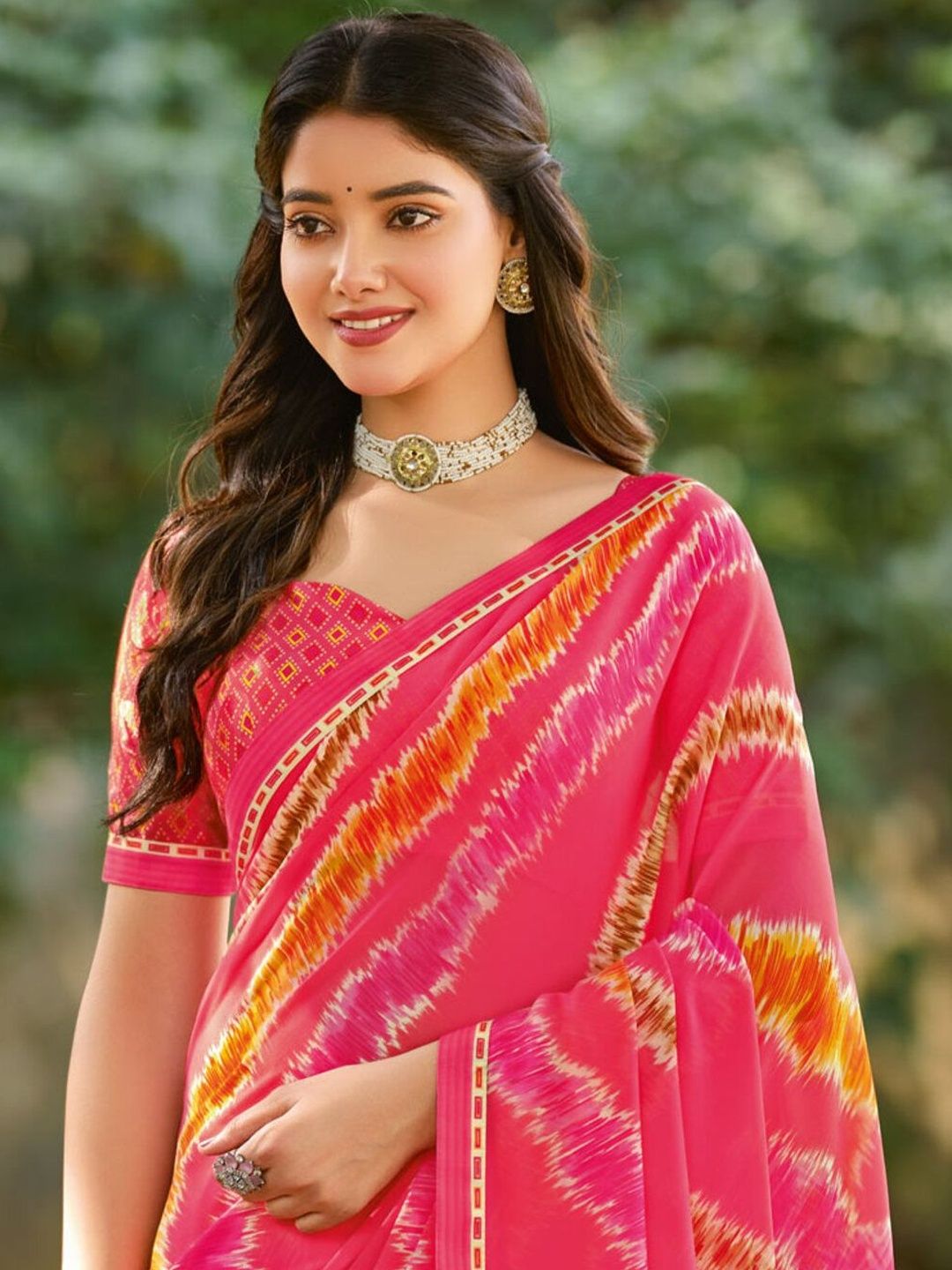 Vishal Prints Carmine Pink Printed Georgette Fancy Border Sarees