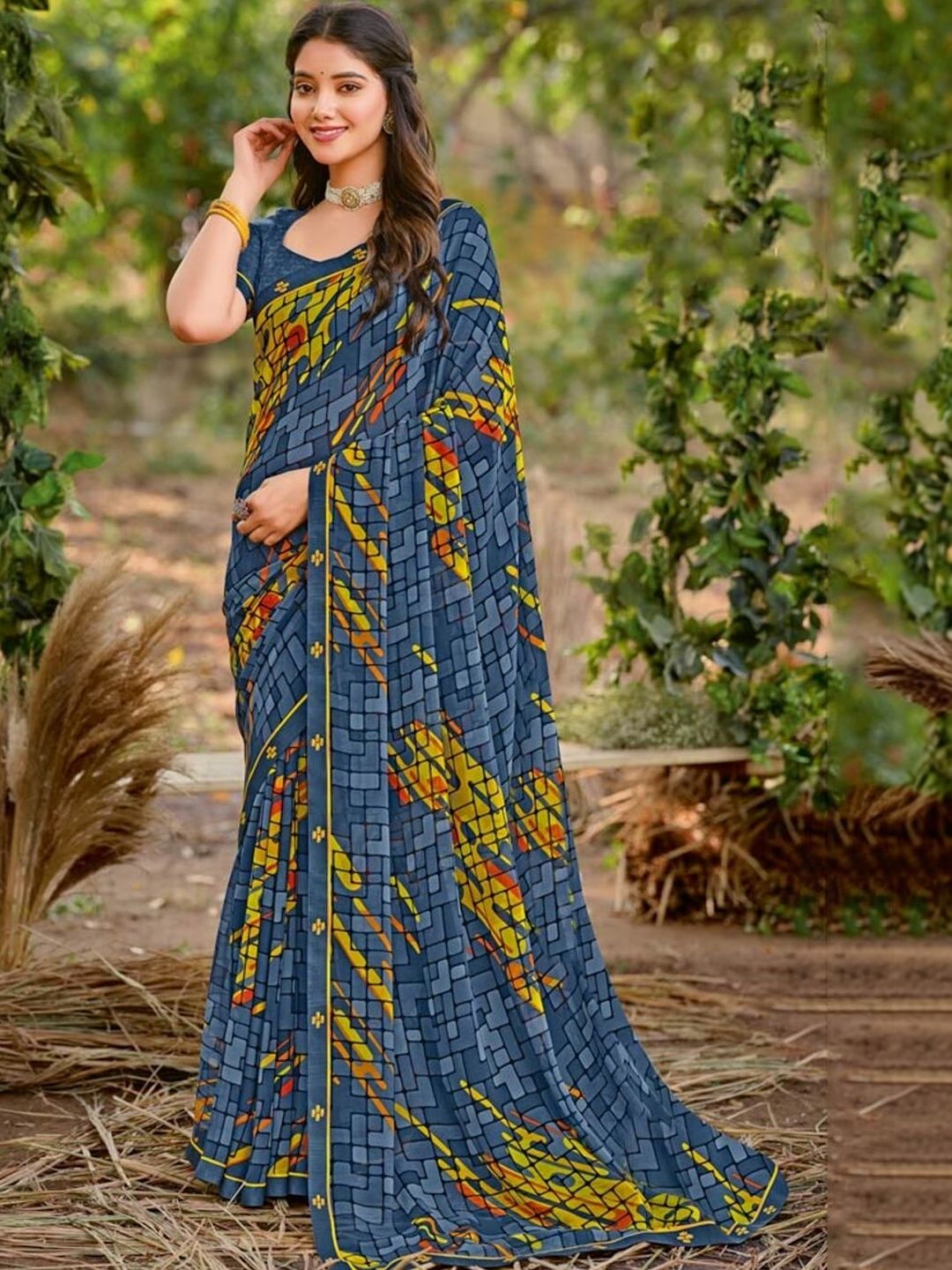 Vishal Prints Dark Blue Grey Printed Georgette Fancy Border Sarees