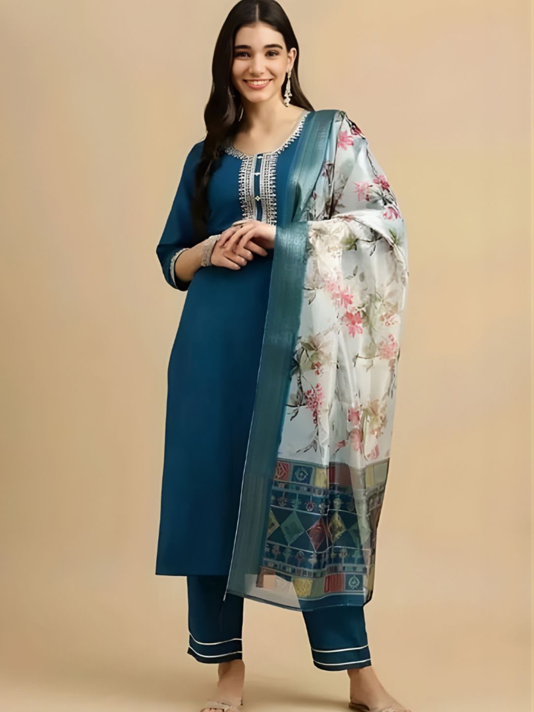 SHINISHA Women Embroidered Regular Pure Cotton Kurta with Trousers & With Dupatta