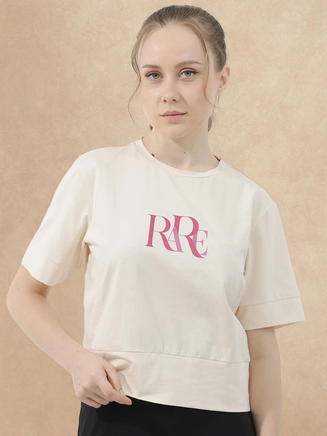 RAREISM Women Beige Graphic Print Regular Fit Half Sleeve Crew Neck T-Shirt