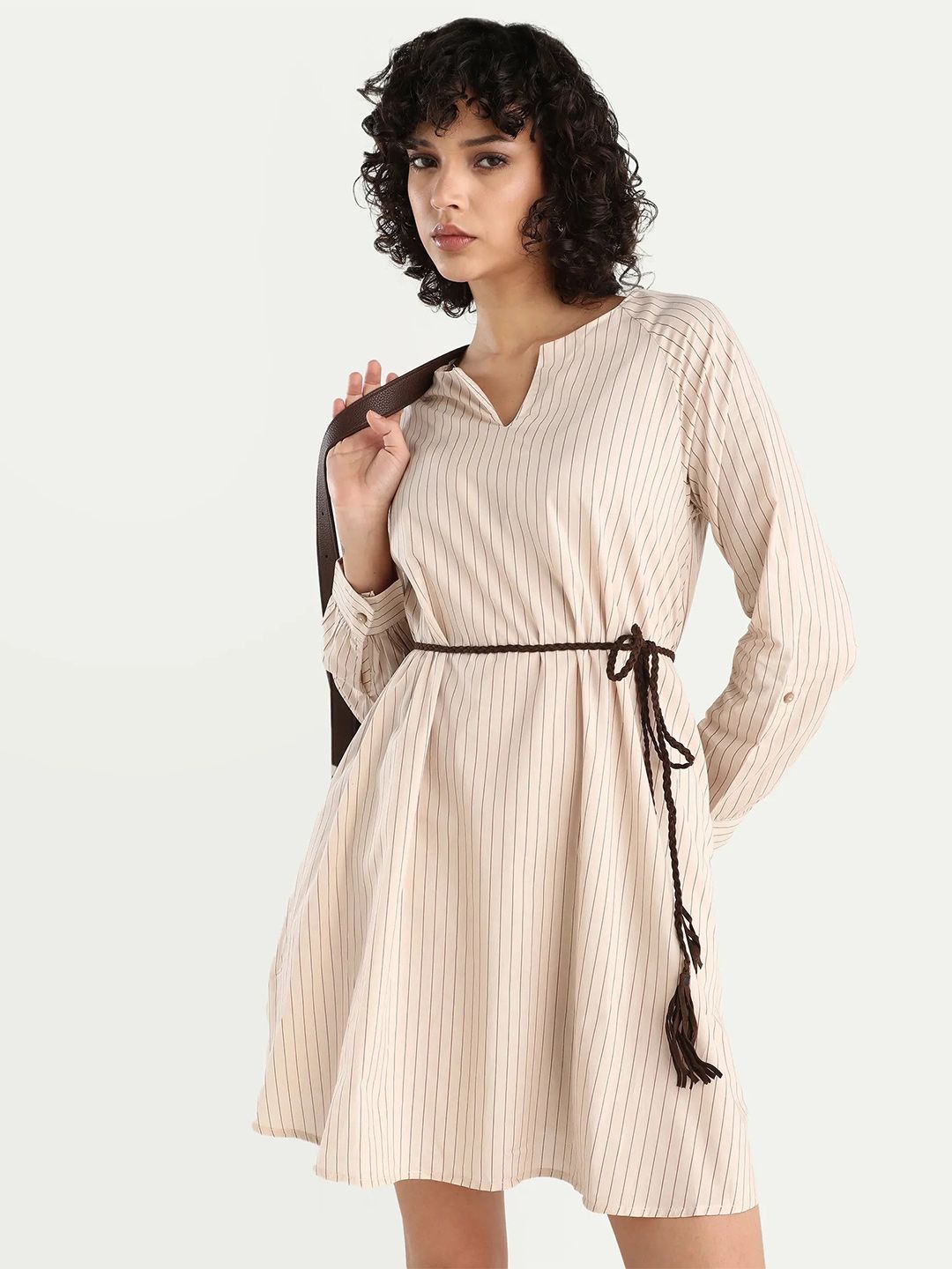RAREISM Women Beige A-Line Fit Regular Sleeve V-Neck Dress