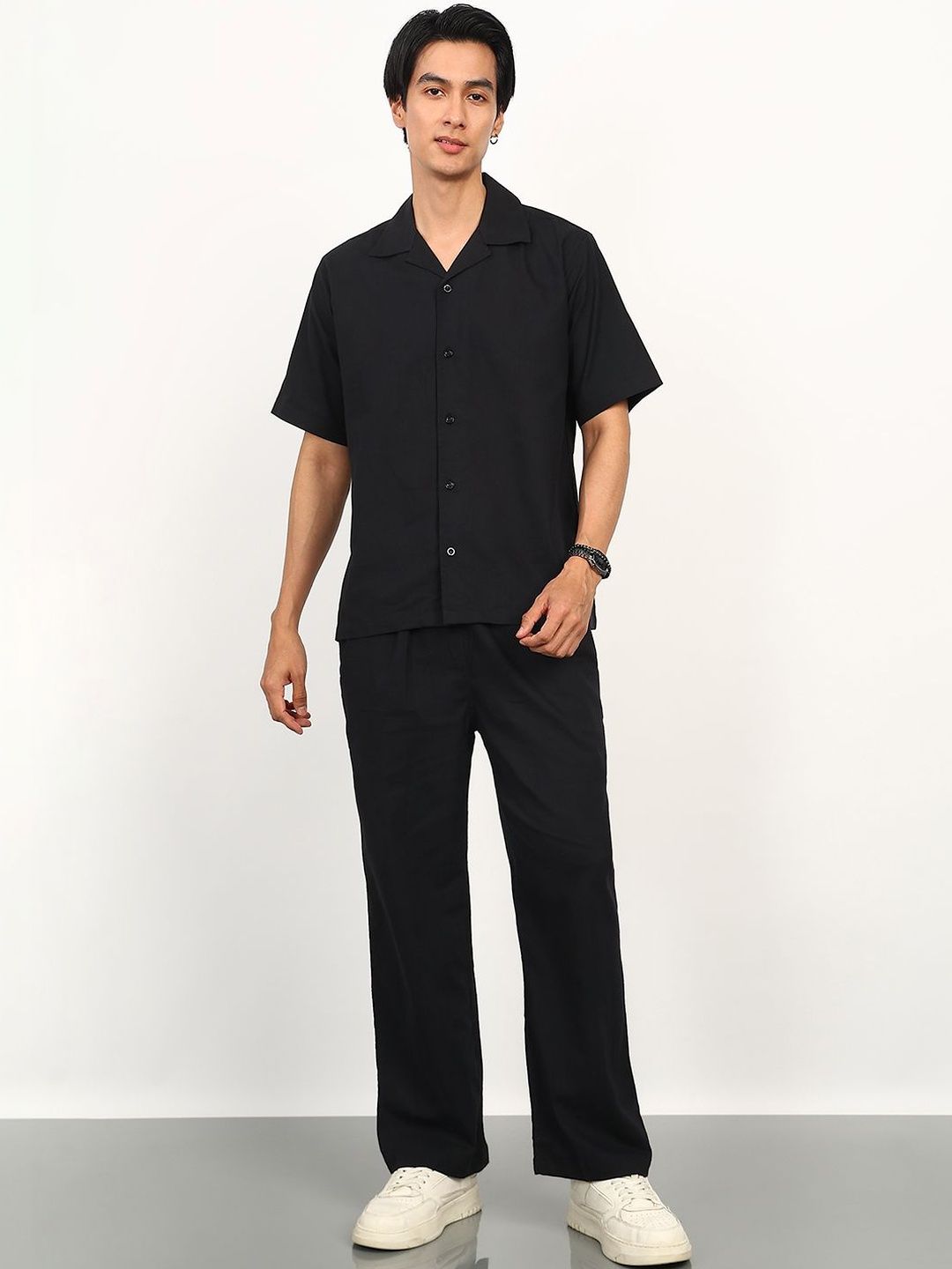 FABMADE Men Black Cotton Linen Shirt & Trouser Co-Ord Set