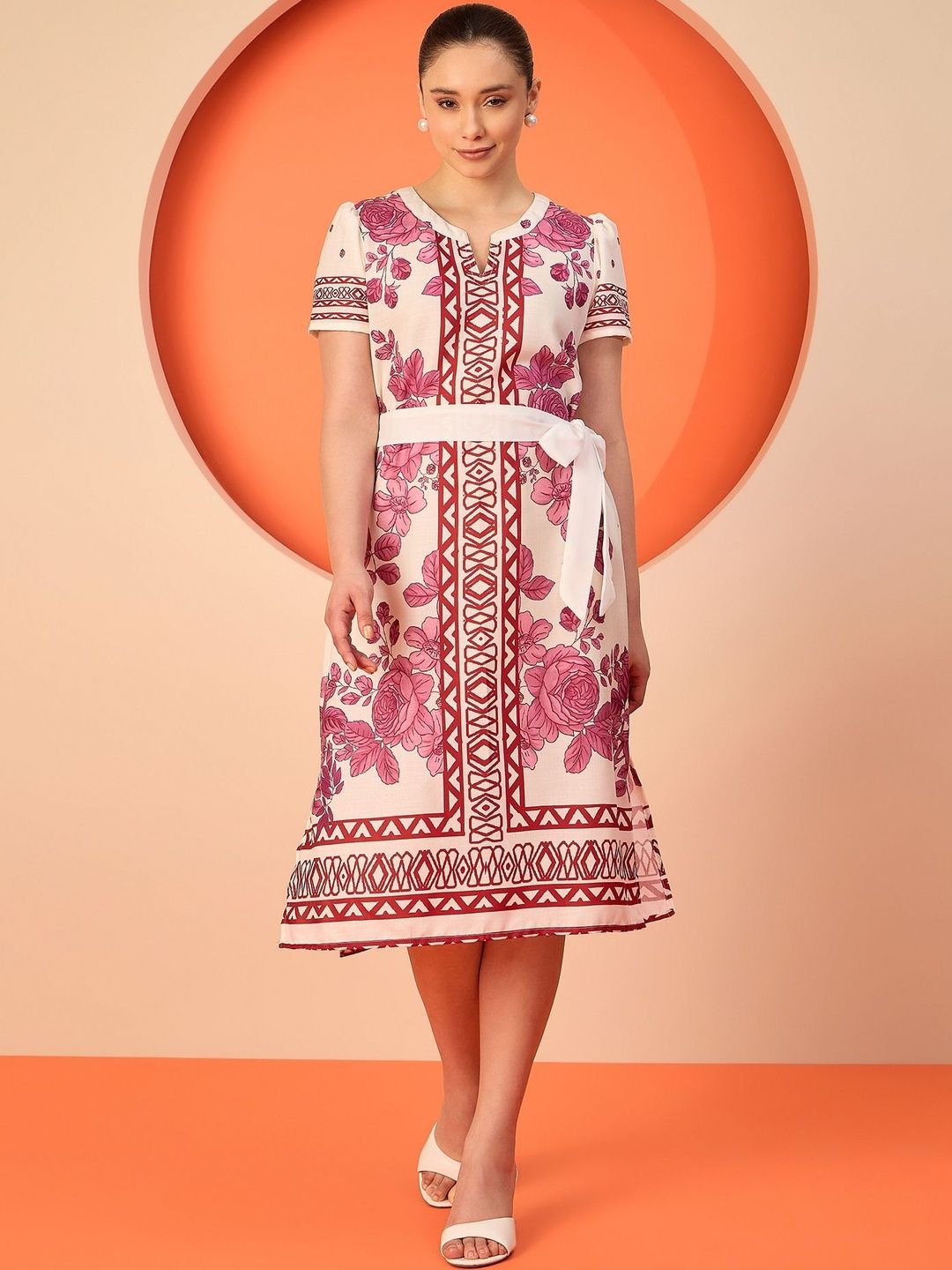 Antheaa Printed Round Neck Linen A-Line  Midi Dress