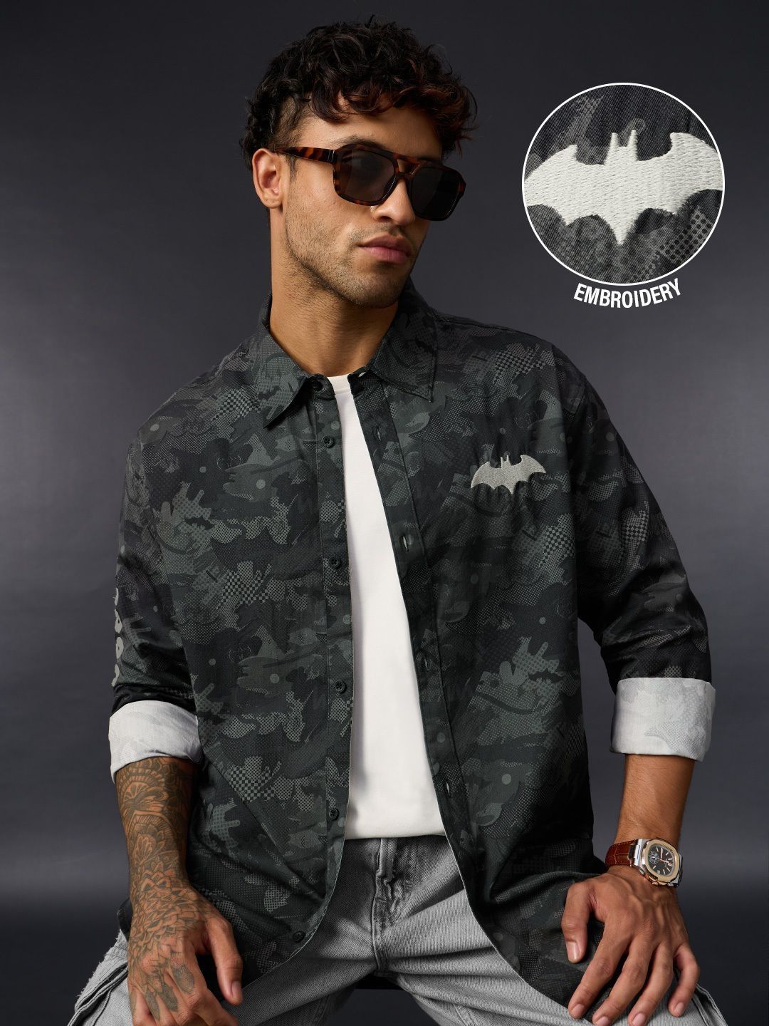 The Souled Store Mens DC Comics Batman Embroidered Black Relaxed Shirts
