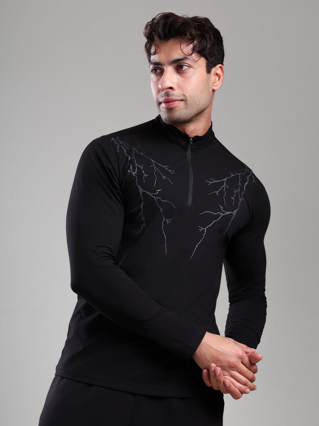 GROW Men Stylish Gym Workout Zip Printed Collar Full Sleeves T-Shirt