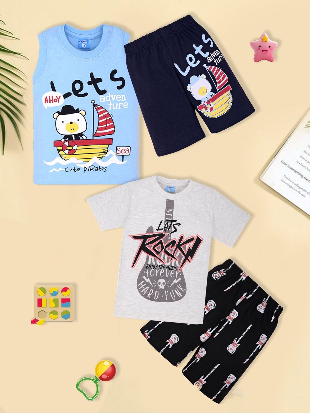 toyific Unisex Kids Pack of 2 Printed T-shirt with Shorts