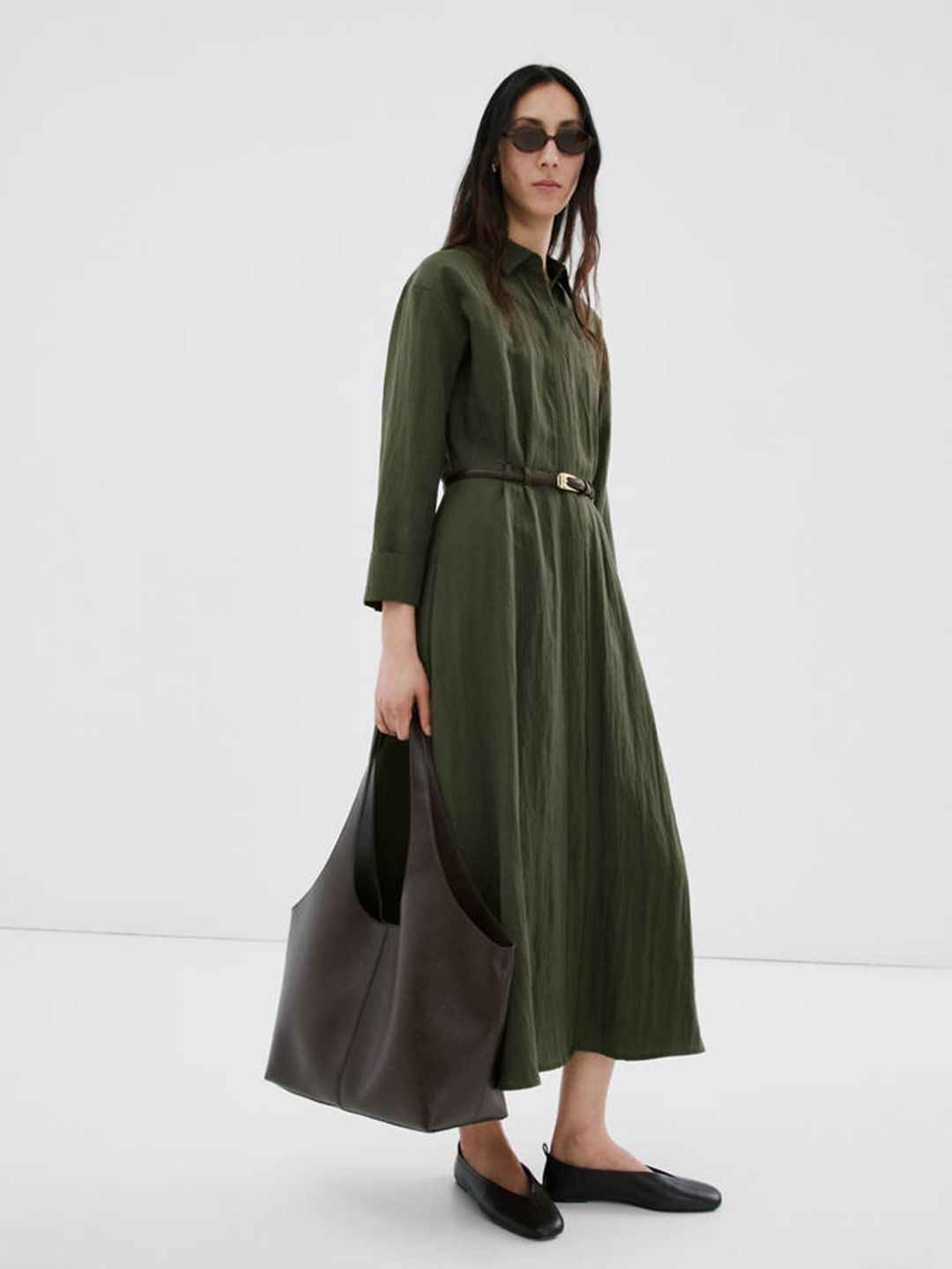 Shirt Collar A-Line Dress With Belt