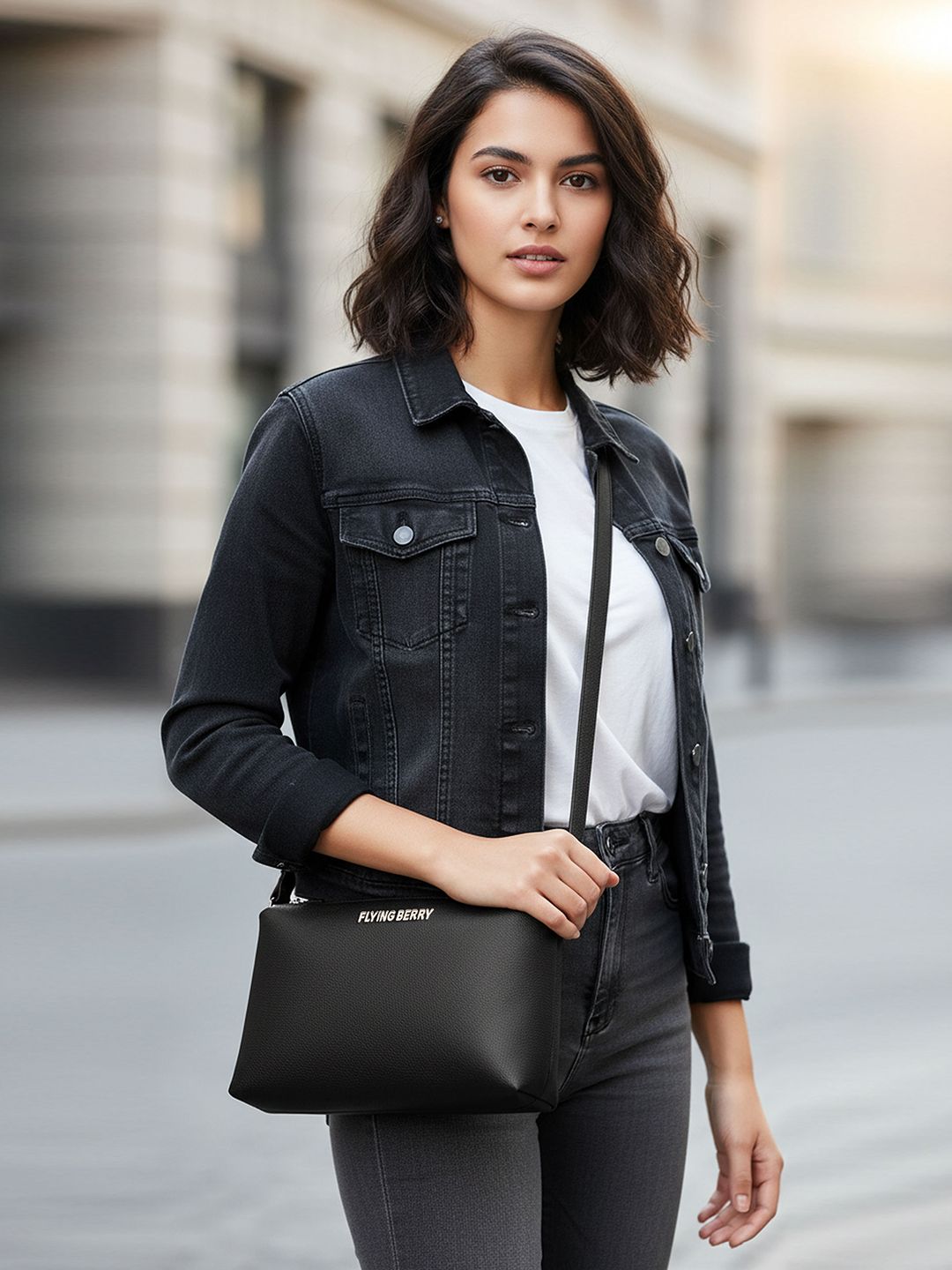 FLYING BERRY Black Textured PU Swagger Sling Bag