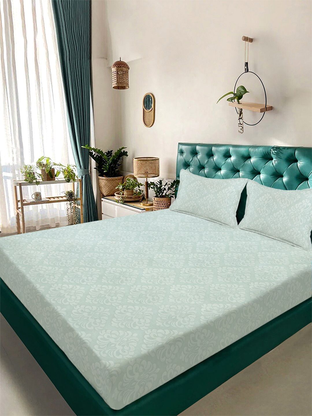 Myntra Elegant Homes Green Floral 300 TC King Bedsheet with 2 Pillow Covers
