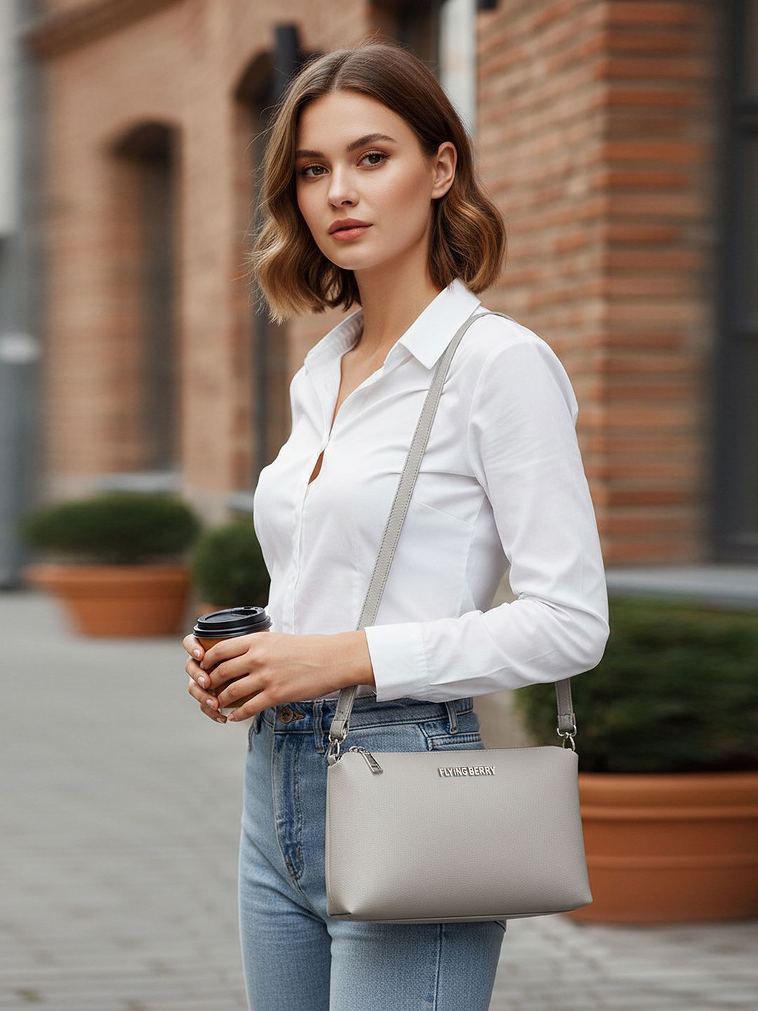 FLYING BERRY Grey Structured Shoulder Bag