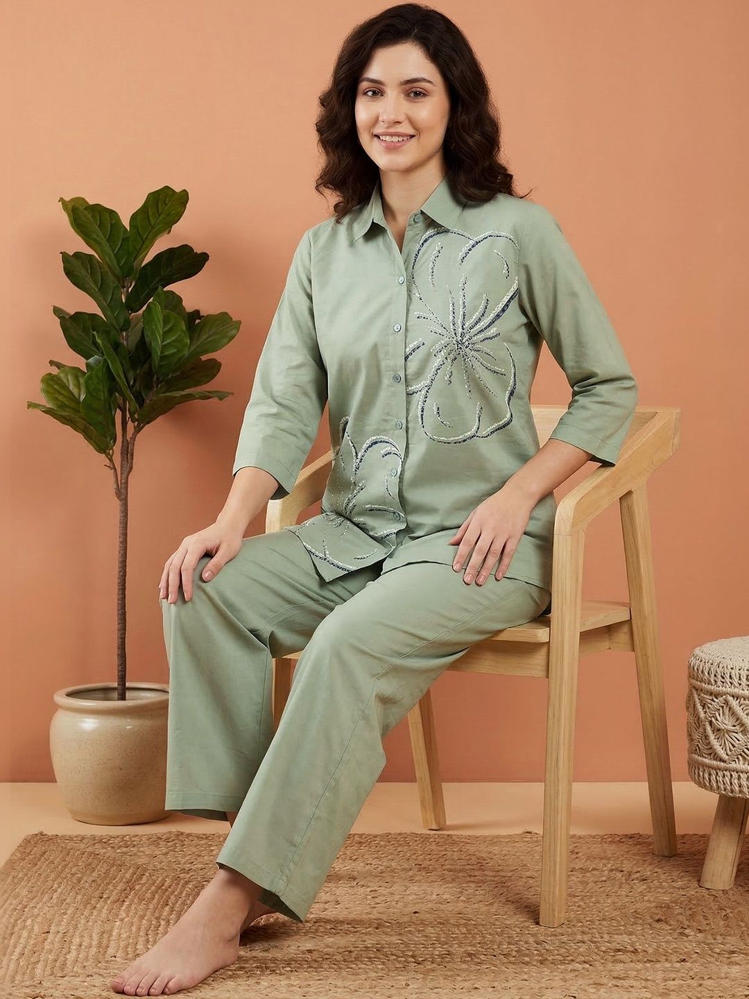 X Printed Shirt Collar Pure Cotton Shirt with Trousers 4