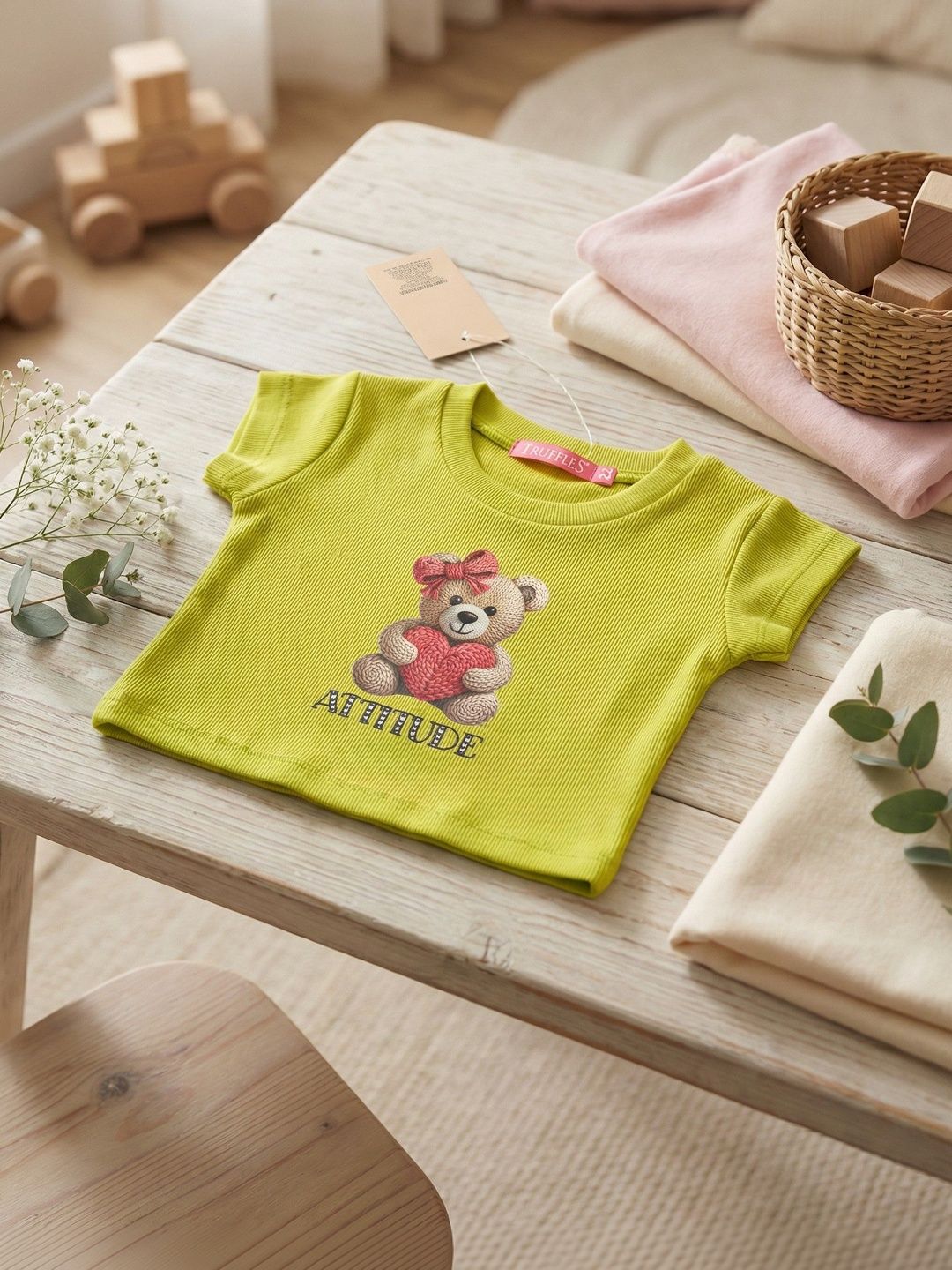 TRUFFLES Girls Green 'attitude' Teddy Bear Graphic Print Ribbed Crop Tops