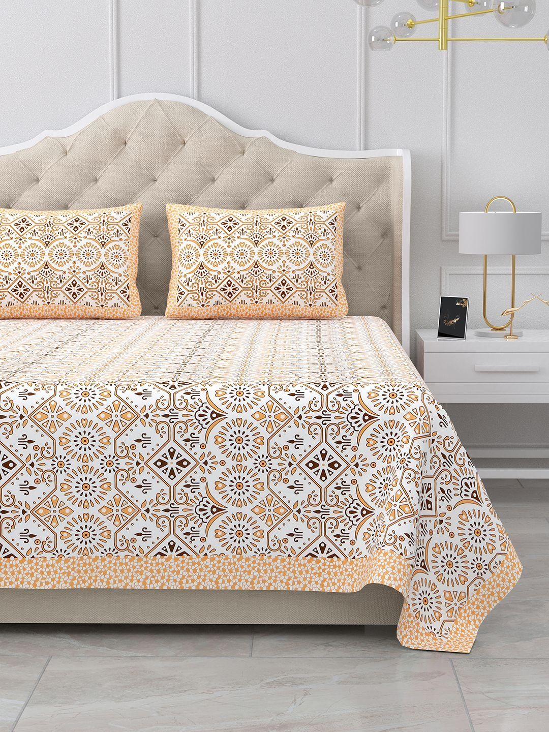 Buy BELLA CASA Beige & Brown Ethnic Motifs 180 TC King Bedsheet With 2 Pillow Covers -  - Home for Unisex